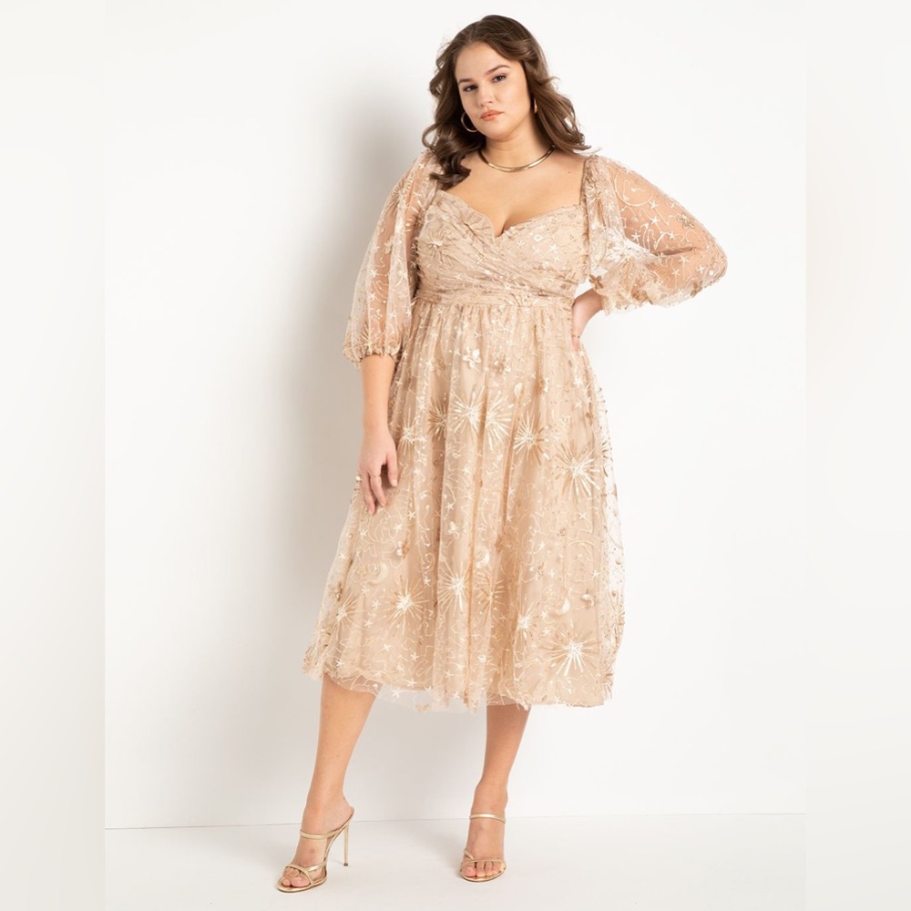 Brand NWT - Eloquii Ruched Bodice Novelty Sequin Dress - Gold on Cream - Size 18